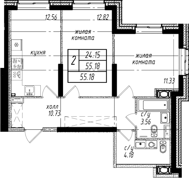 2-комнатная квартира 55.18 м², 1/25 эт., ЖК «Северная Долина»